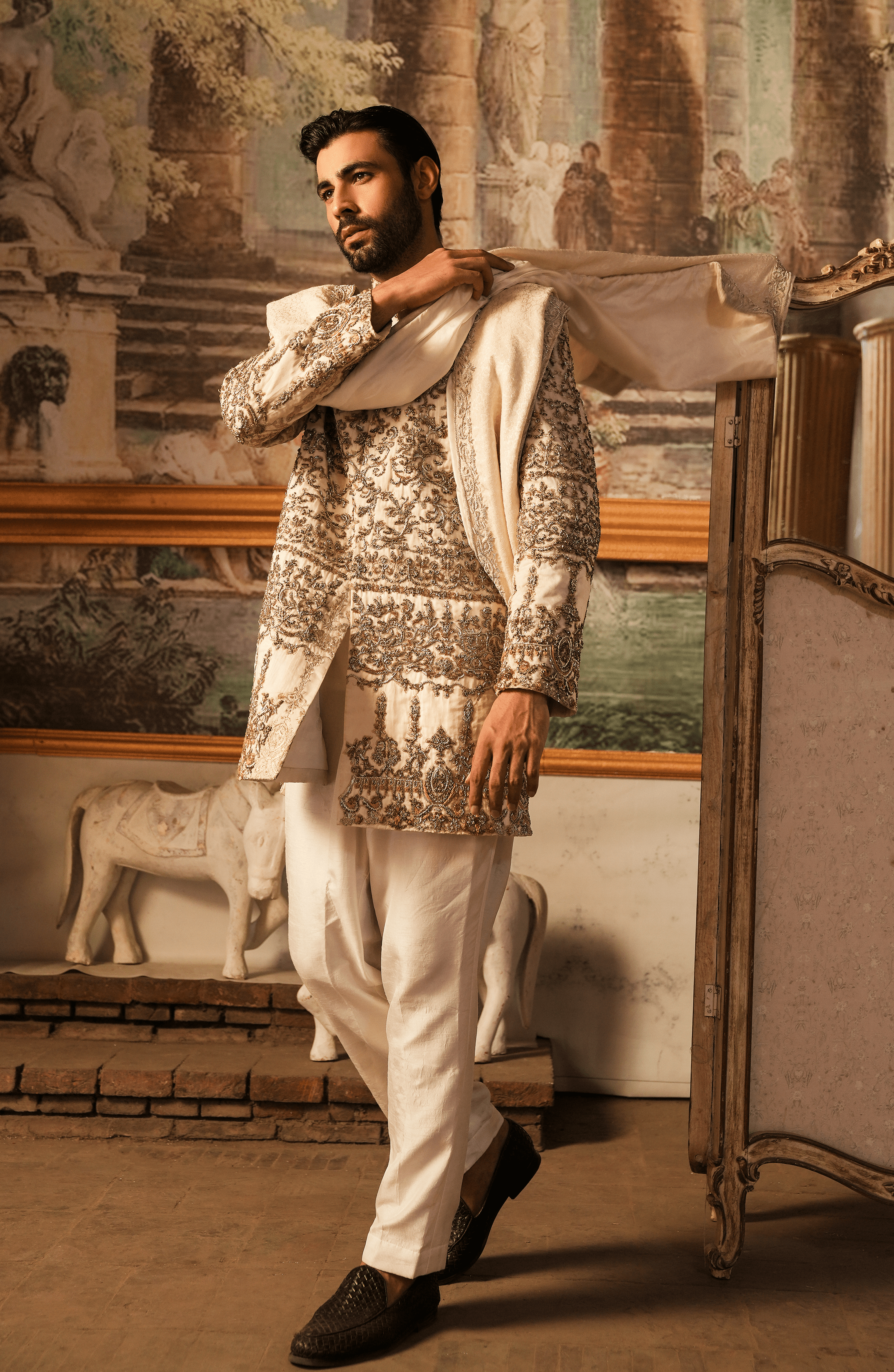 Ivory White Embroidered Silk Sherwani (4-Piece) - Image 8