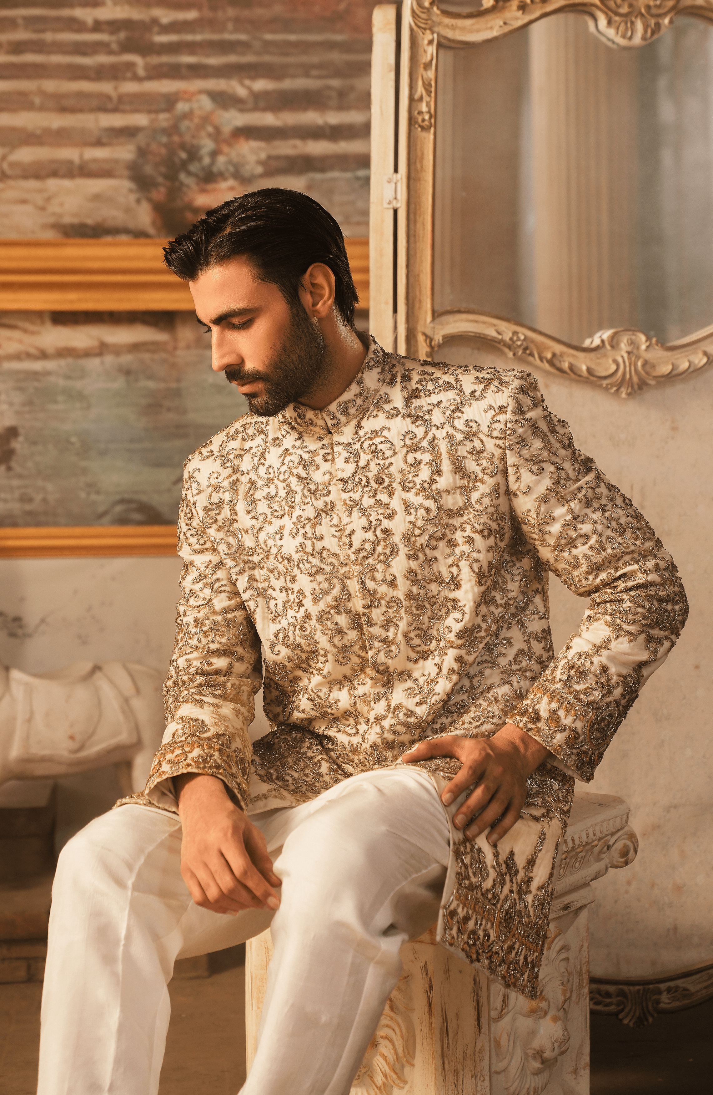 Ivory White Embroidered Silk Sherwani (4-Piece) - Image 9