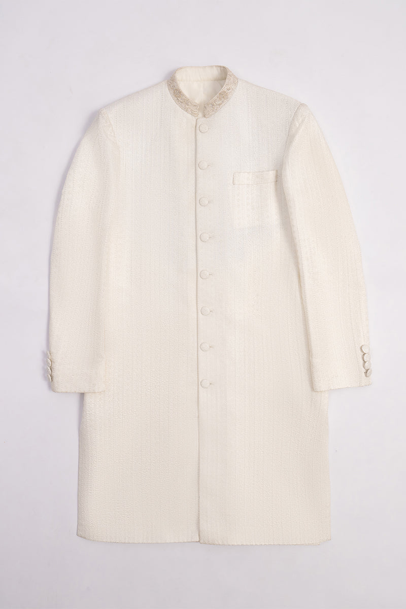 Ivory Linear Embroidered Silk-Blend Sherwani (2-Piece) - Image 3