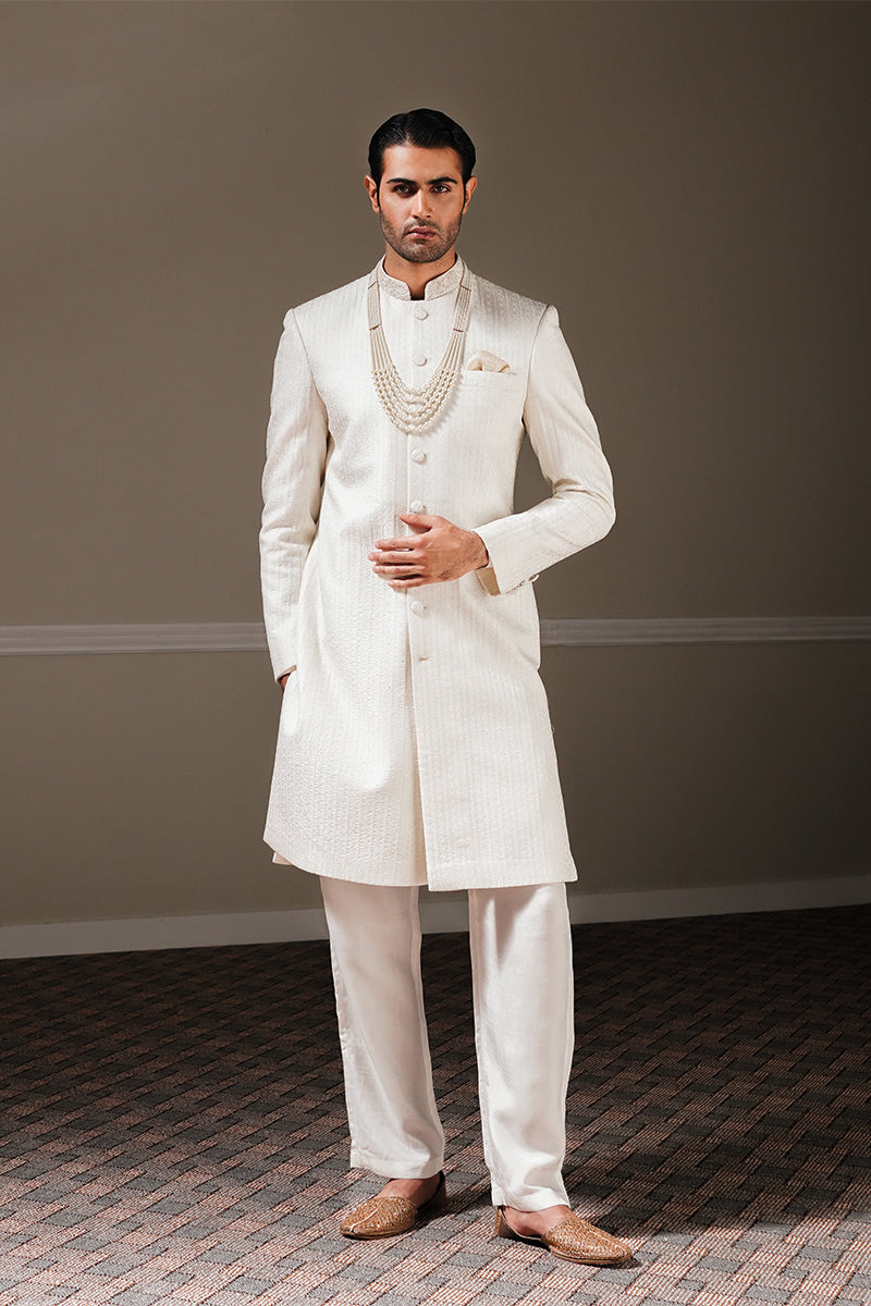 Ivory Linear Embroidered Silk-Blend Sherwani (2-Piece) - Image 4