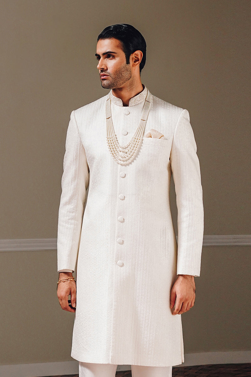 Ivory Linear Embroidered Silk-Blend Sherwani (2-Piece) - Image 9