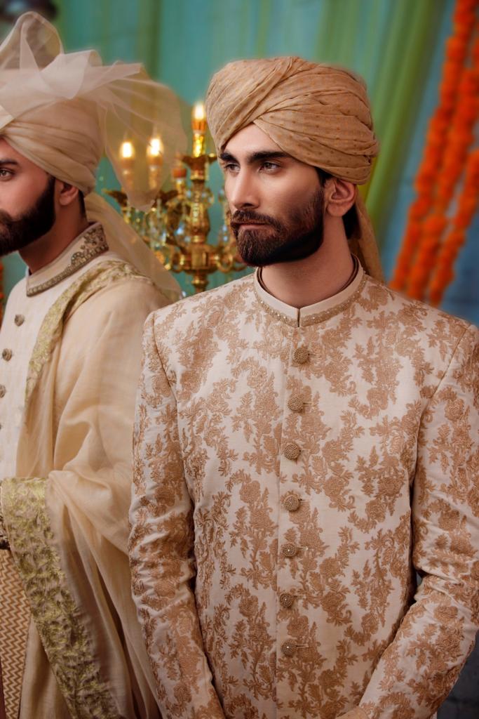 Ivory White Gold Embroidered Silk-Blend Sherwani (2-Piece) - Image 1