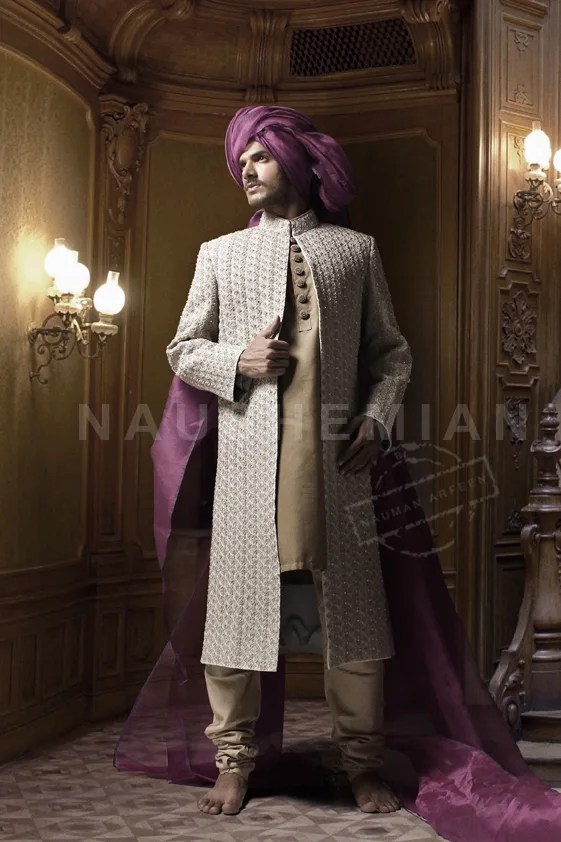 Ivory Woven Silk-Blend Jacquard Sherwani (3-Piece) - Image 1