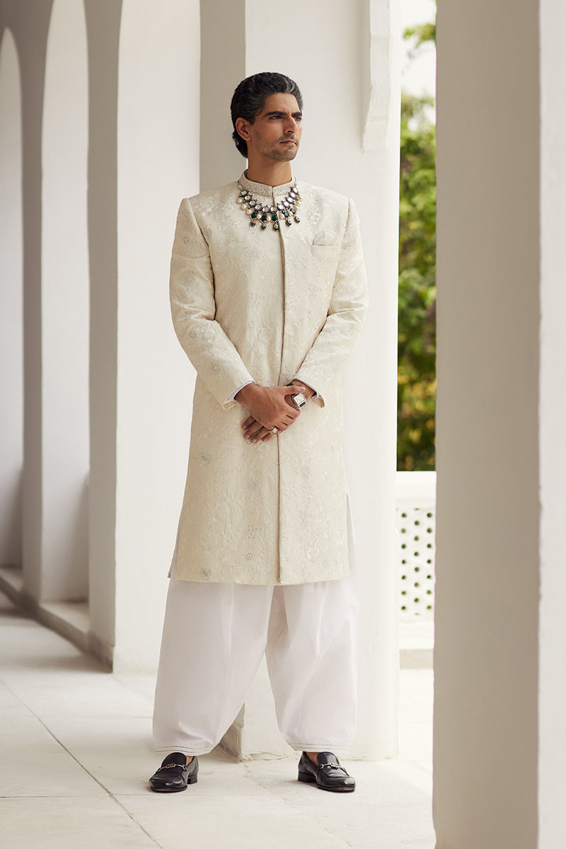 Ivory Tilla Embroidered Silk Jamawar Sherwani (3-Piece) - Image 1