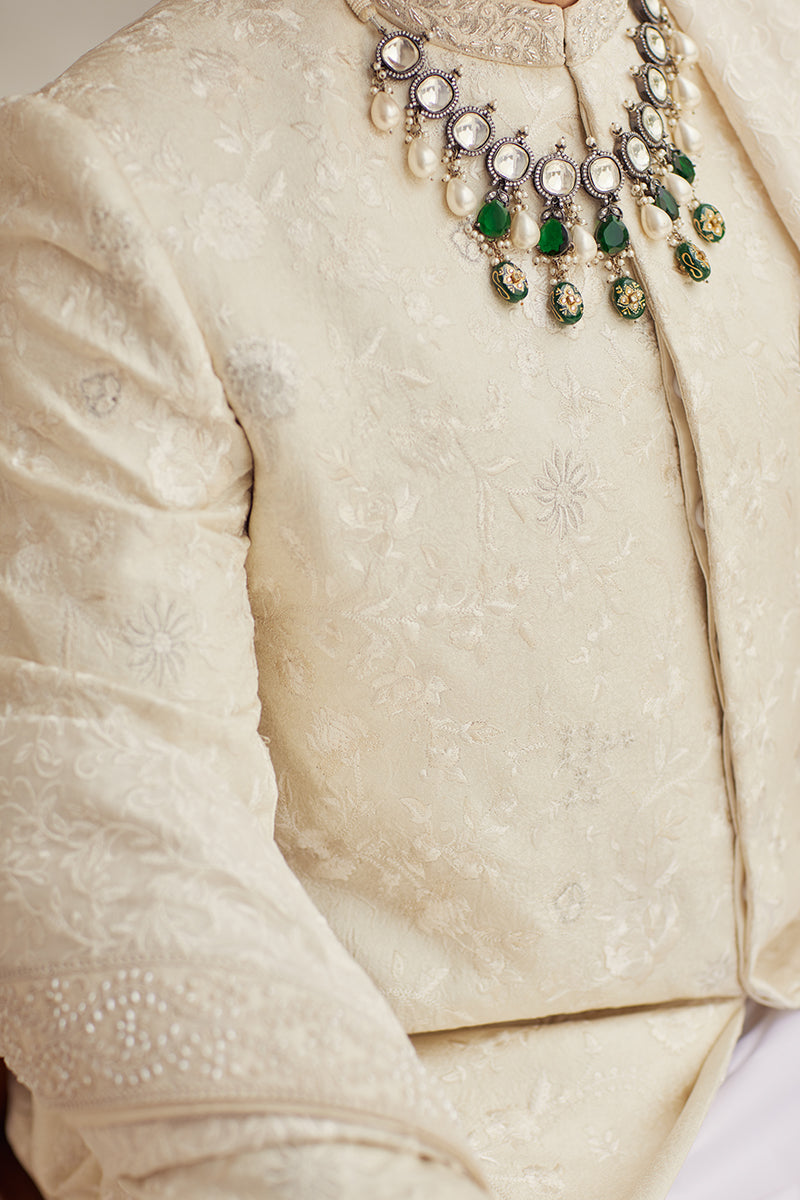 Ivory Tilla Embroidered Silk Jamawar Sherwani (3-Piece) - Image 3