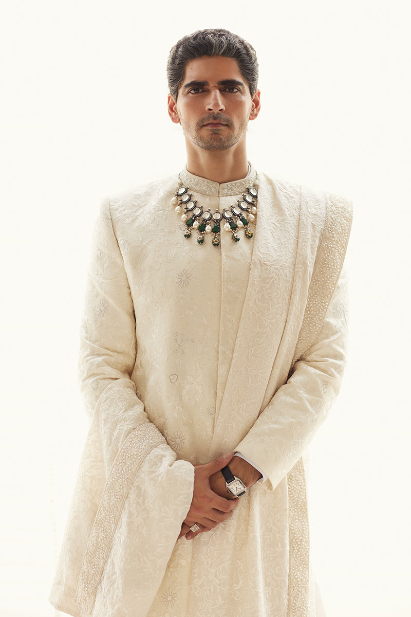 Ivory Tilla Embroidered Silk Jamawar Sherwani (3-Piece) - Image 5