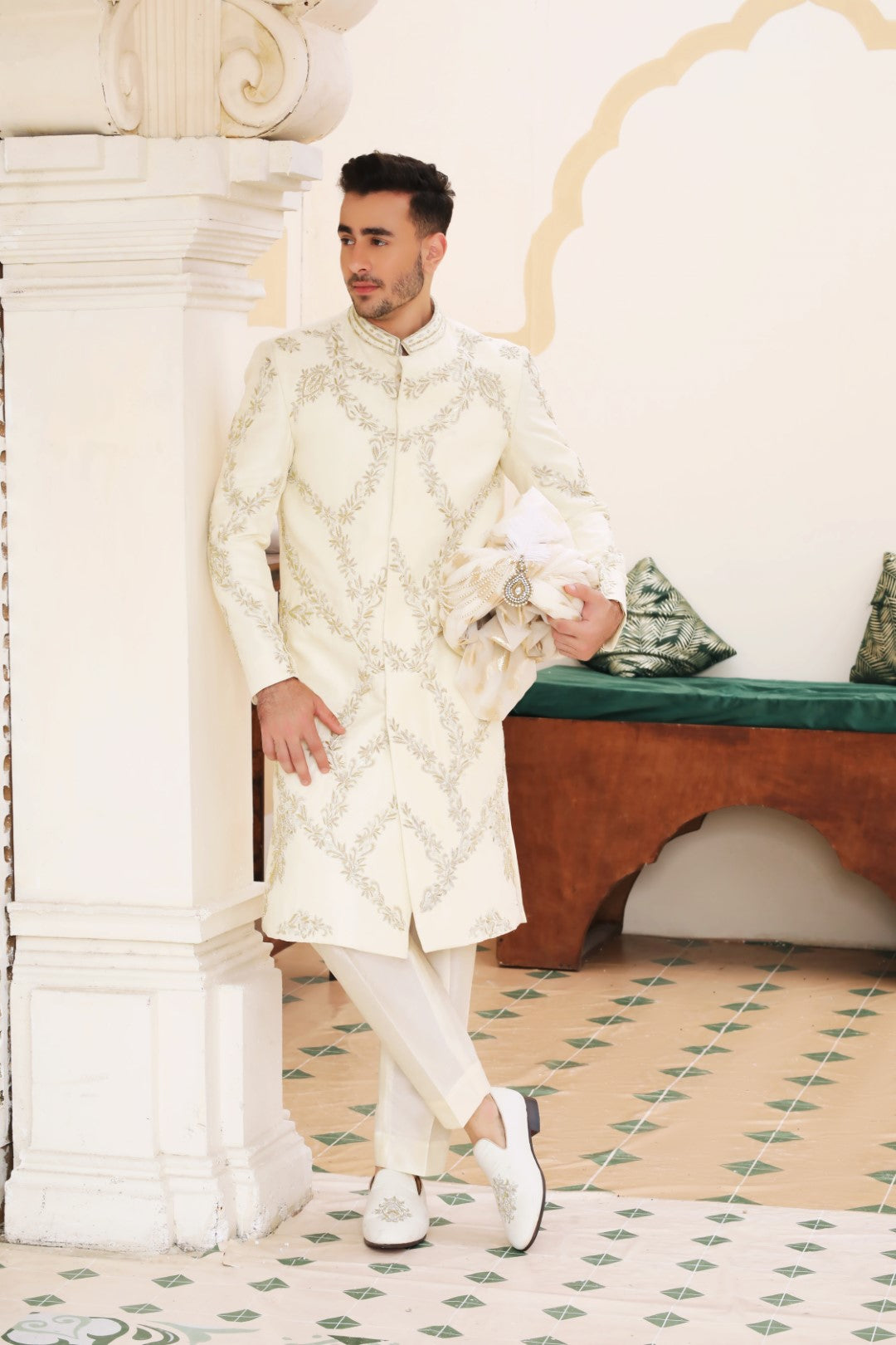 Ivory White Kora Dabka Silk Sherwani (3-Piece) - Image 2