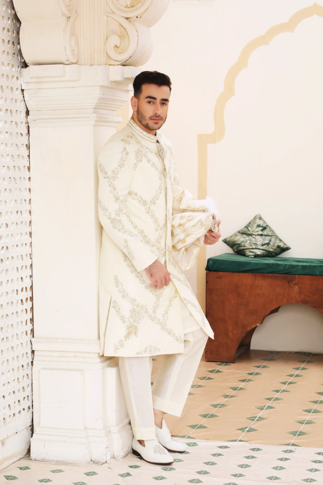 Ivory White Kora Dabka Silk Sherwani (3-Piece) - Image 3