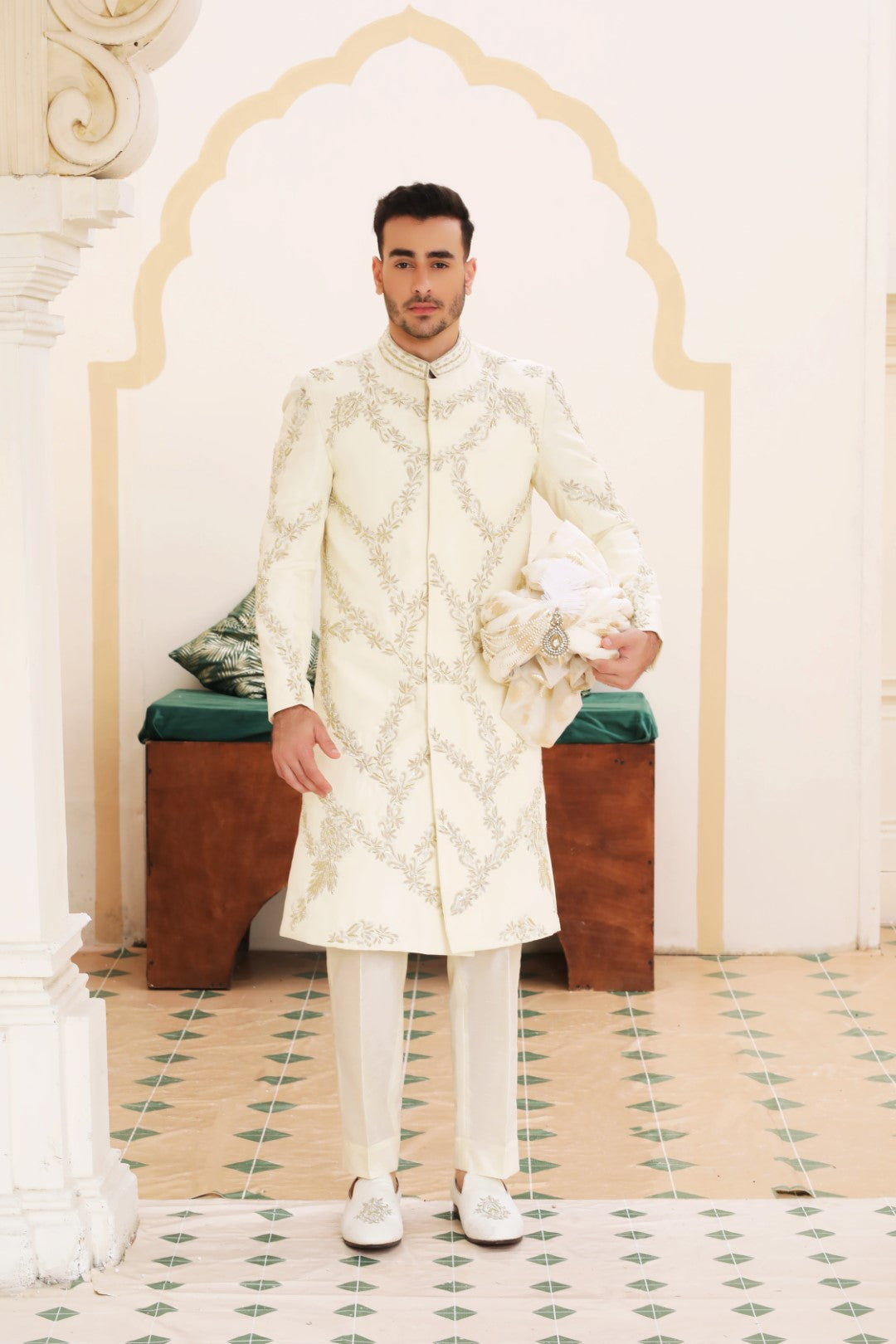 Ivory White Ada & Kora Dabka Silk Sherwani (3-Piece) - Image 1