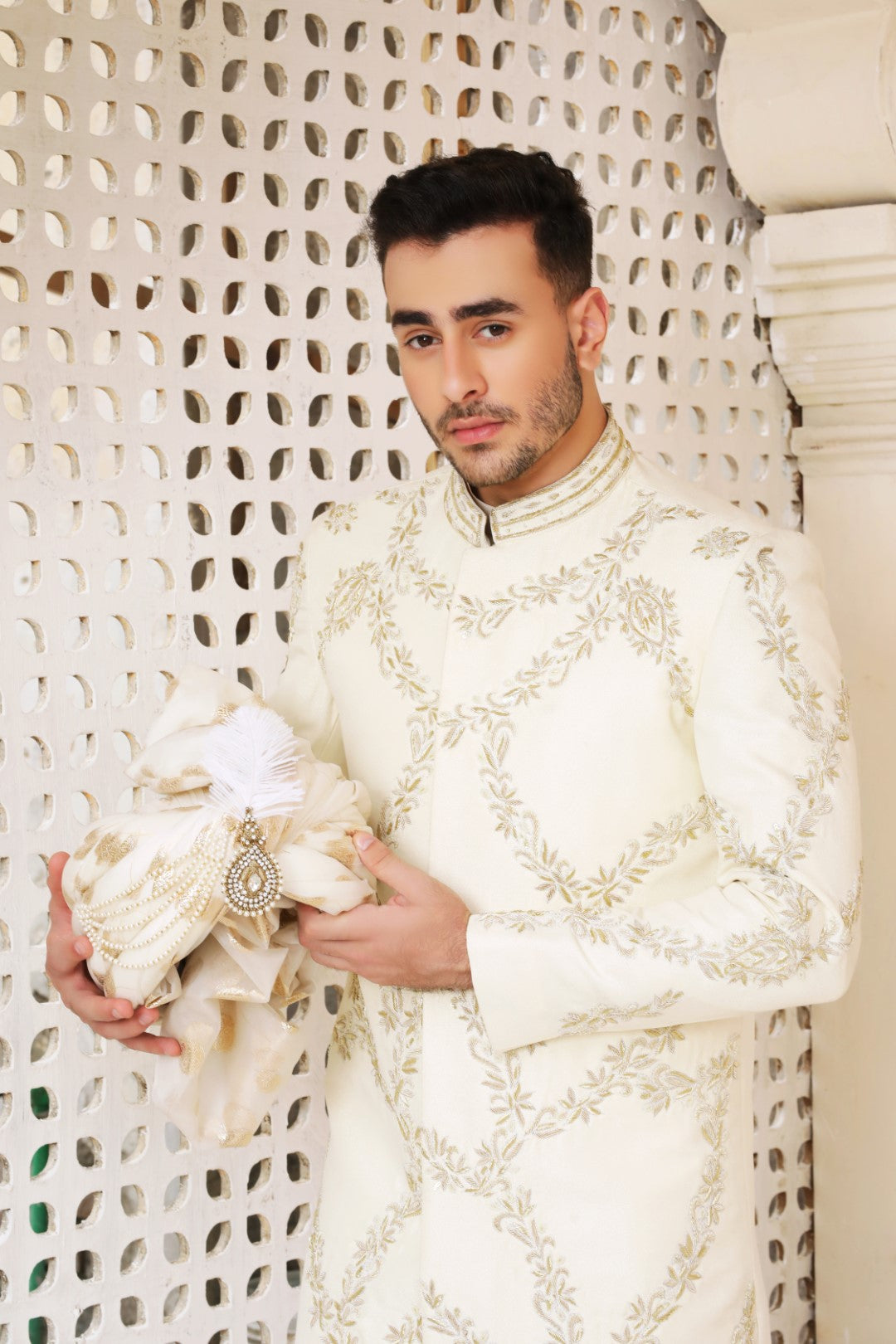 Ivory White Ada & Kora Dabka Silk Sherwani (3-Piece) - Image 4