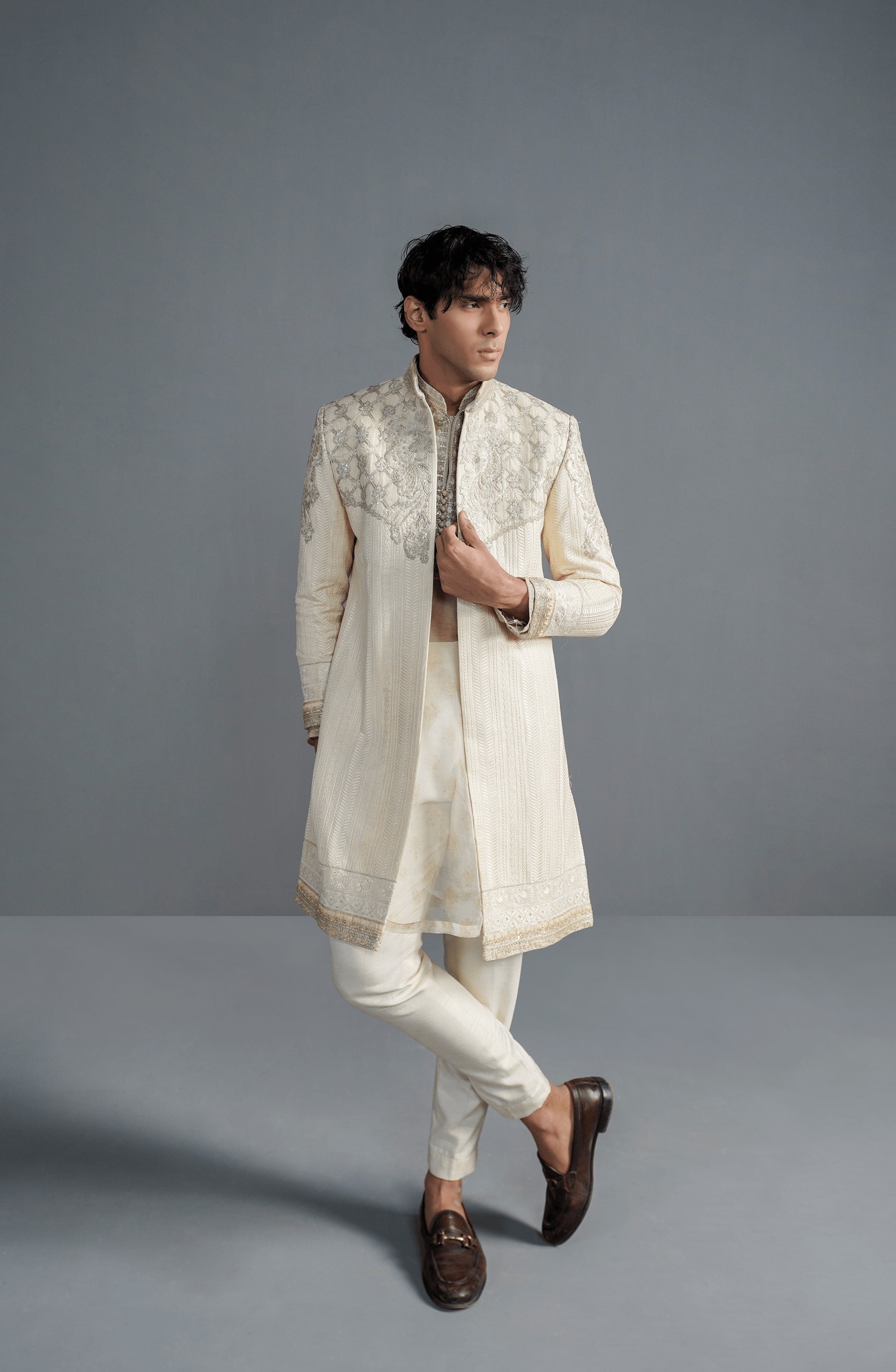 Ivory Embroidered Silk & Organza Sherwani (3-Piece) - Image 1