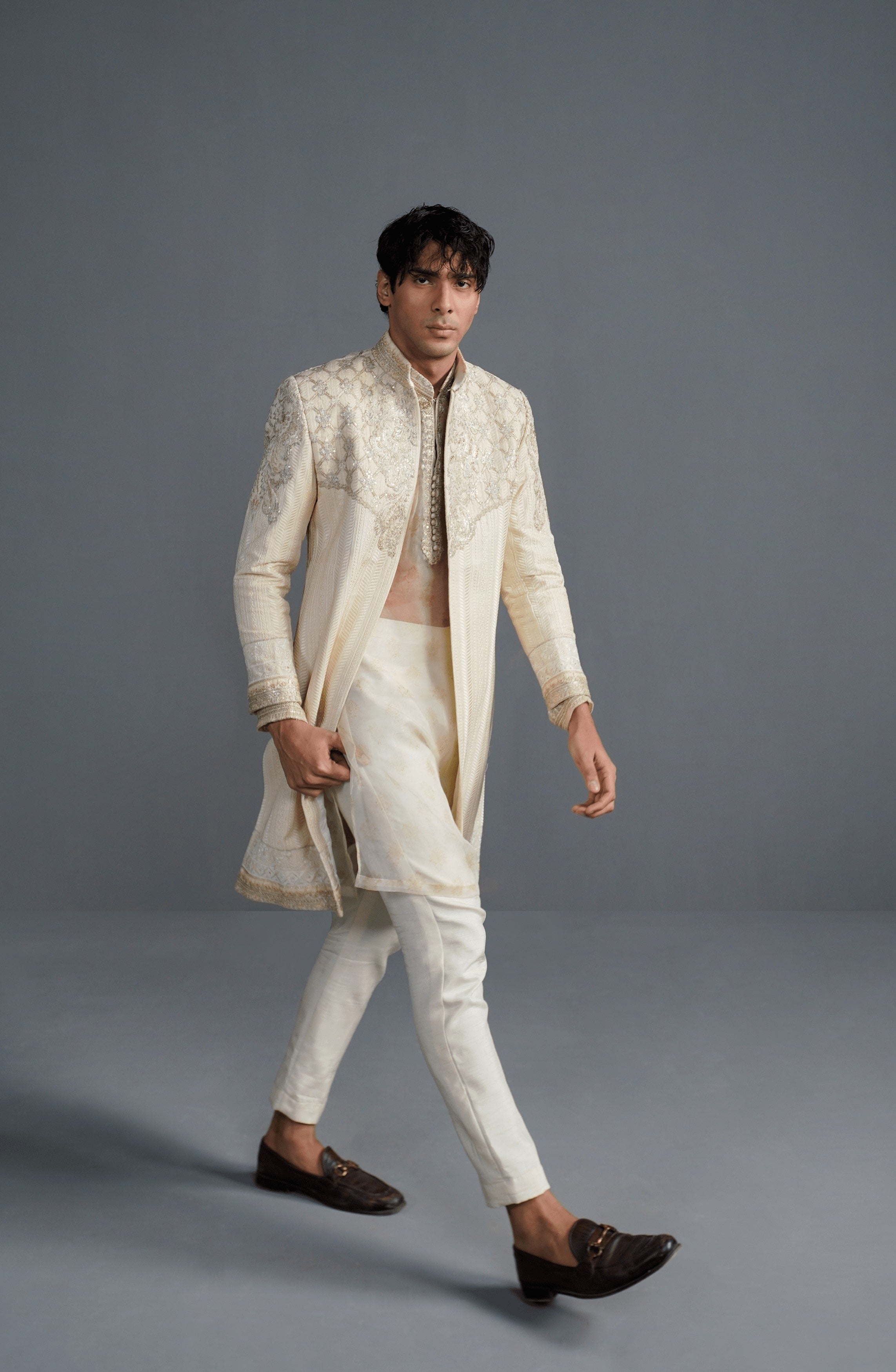 Ivory Embroidered Silk & Organza Sherwani (3-Piece) - Image 2