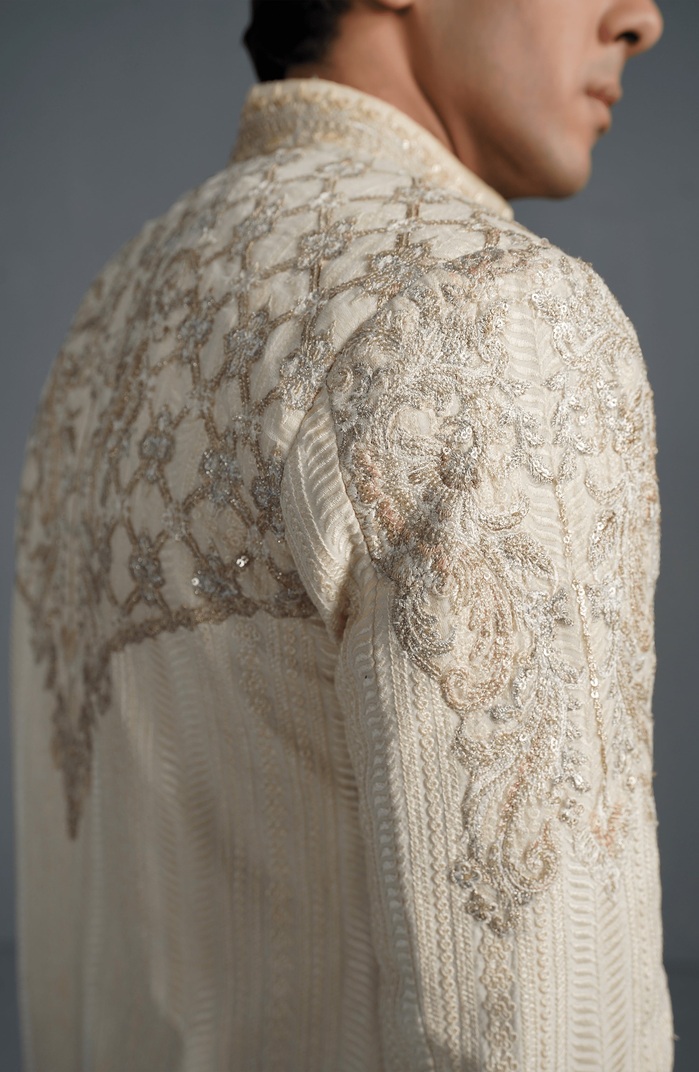 Ivory Embroidered Silk & Organza Sherwani (3-Piece) - Image 3