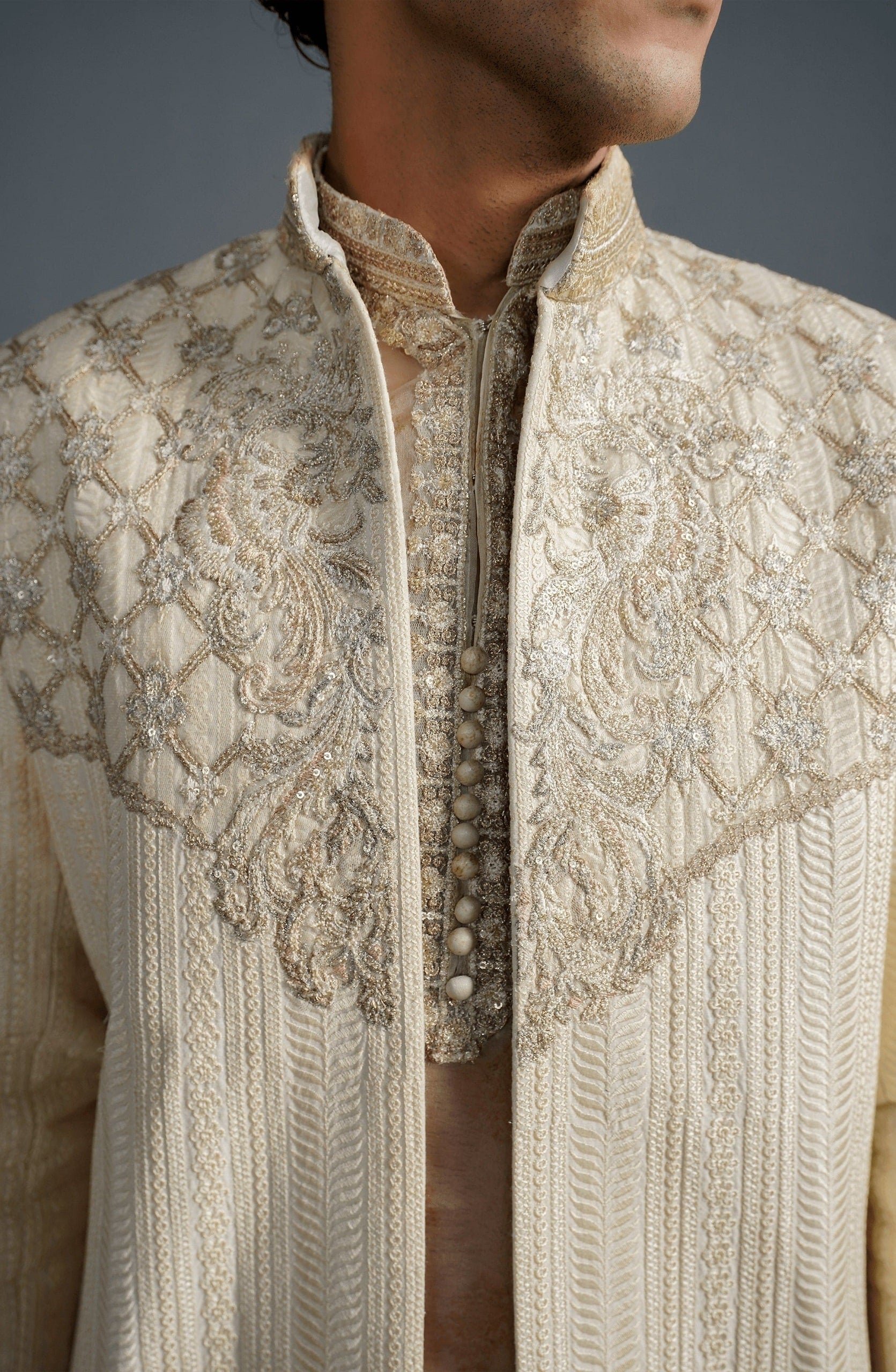Ivory Embroidered Silk & Organza Sherwani (3-Piece) - Image 4