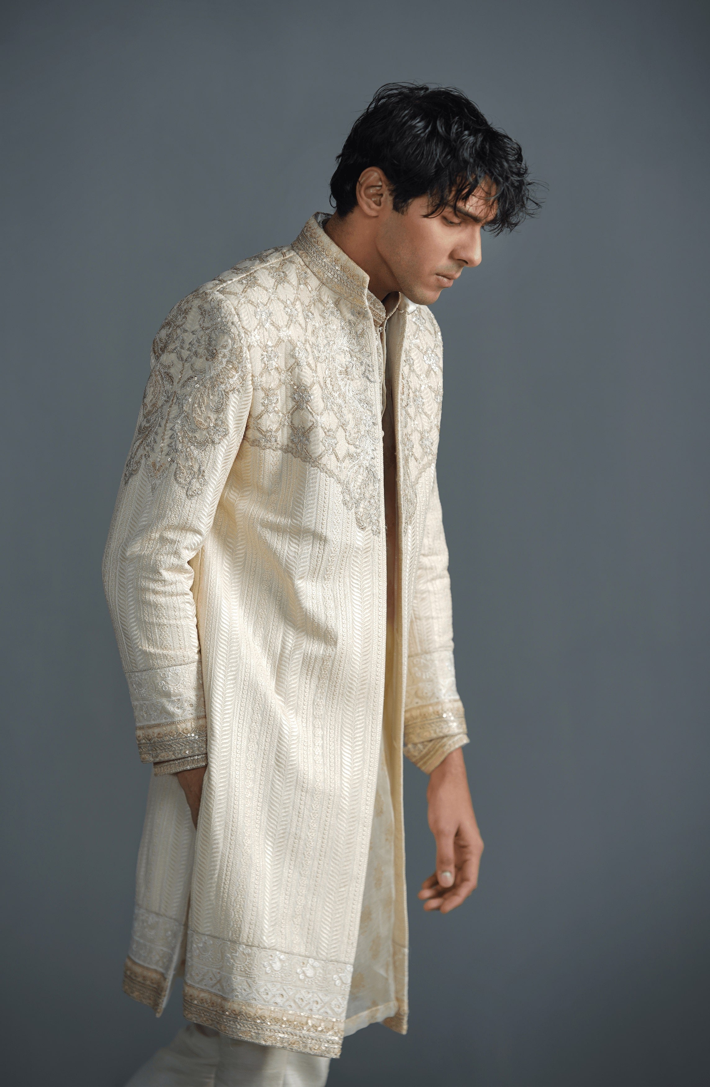 Ivory Embroidered Silk & Organza Sherwani (3-Piece) - Image 5