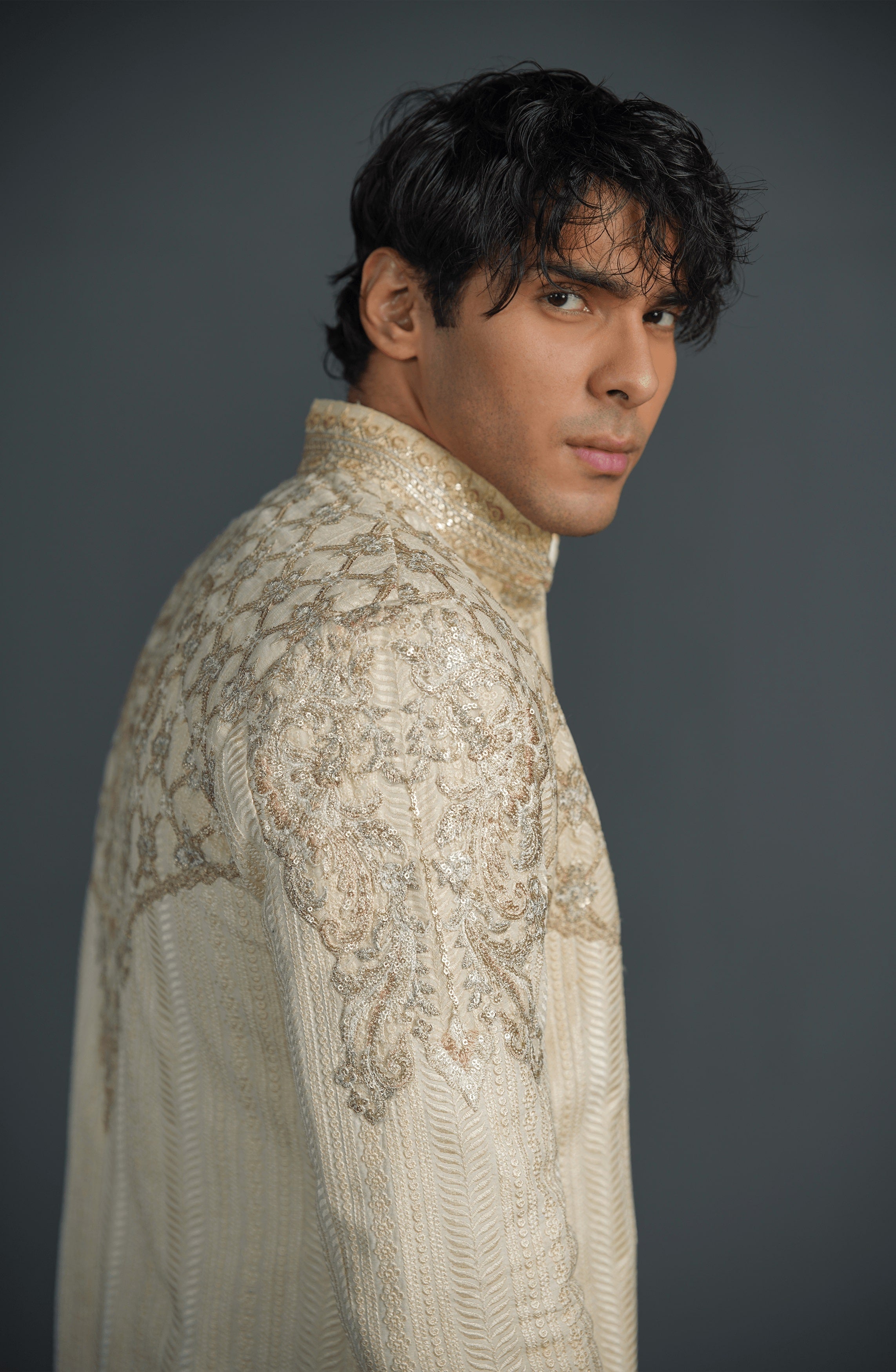 Ivory Embroidered Silk & Organza Sherwani (3-Piece) - Image 6