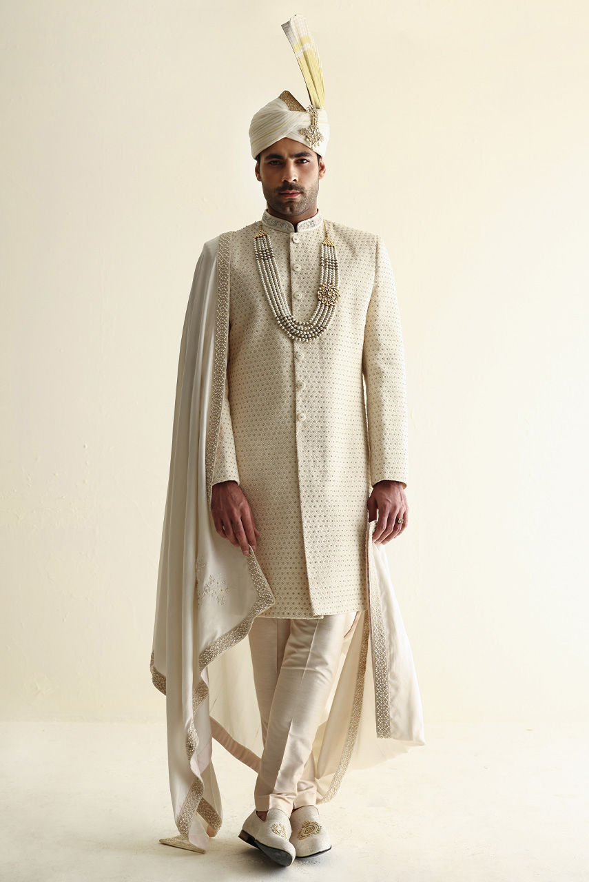 Ivory Embroidered Silk Sherwani (3-Piece) - Image 1
