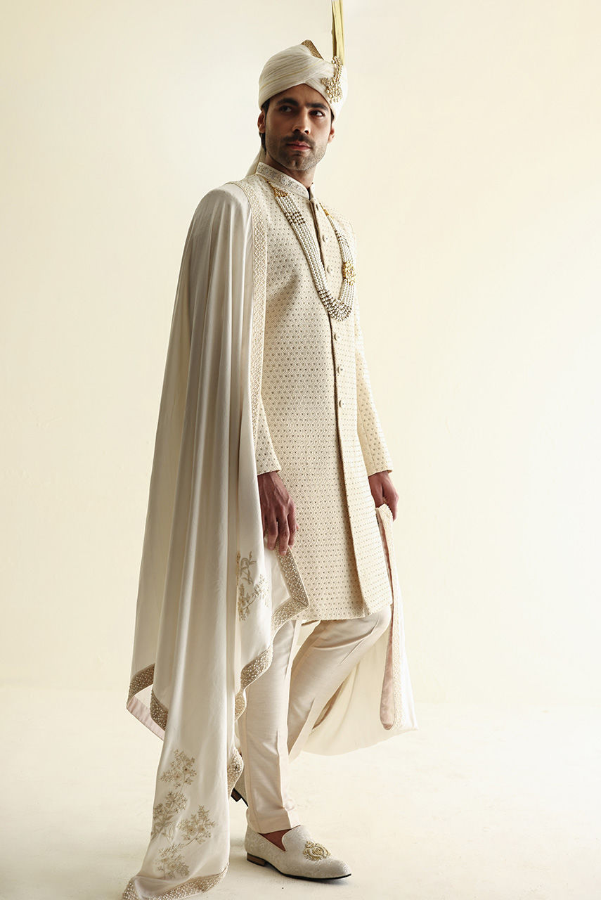 Ivory Embroidered Silk Sherwani (3-Piece) - Image 3