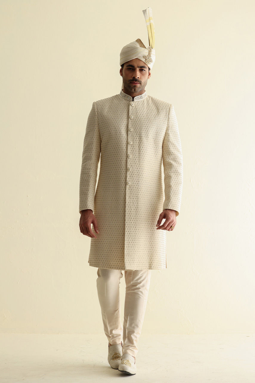 Ivory Embroidered Silk Sherwani (3-Piece) - Image 4