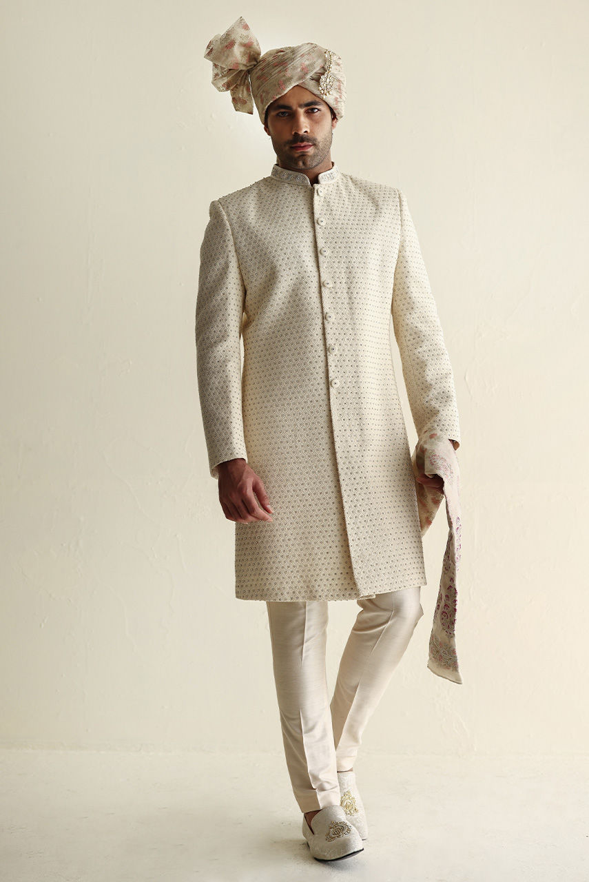 Ivory Embroidered Silk Sherwani (3-Piece) - Image 6