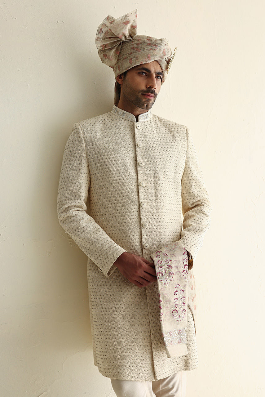 Ivory Embroidered Silk Sherwani (3-Piece) - Image 7