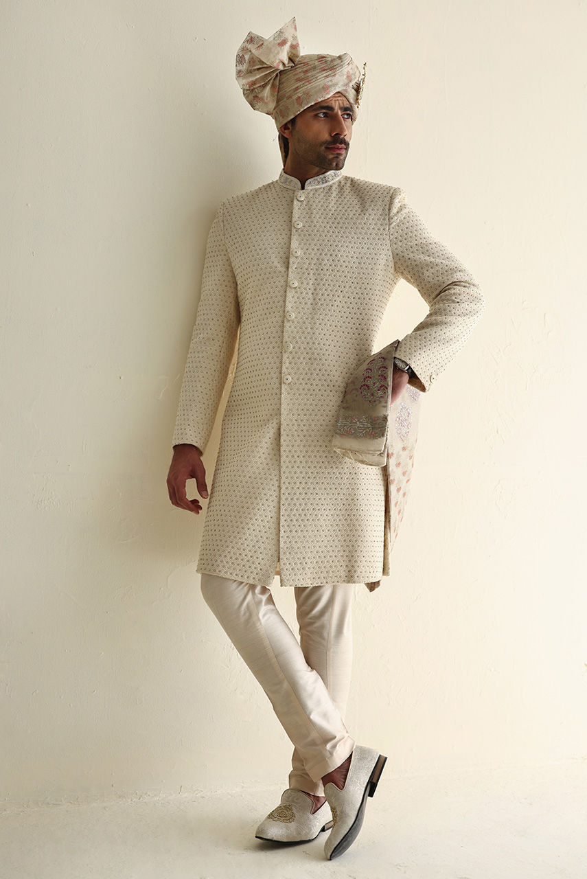Ivory Embroidered Silk Sherwani (3-Piece) - Image 8