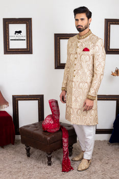 Ivory Hand-Engraved Silk Wedding Sherwani (2-Piece) - Image 2
