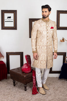 Ivory Hand-Engraved Silk Wedding Sherwani (2-Piece) - Image 3