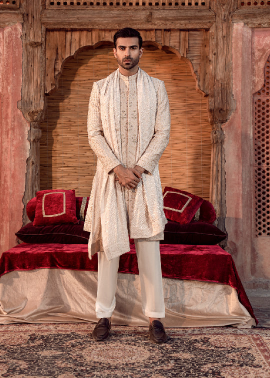 Ivory Embroidered Silk Sherwani (3-Piece) - Image 1