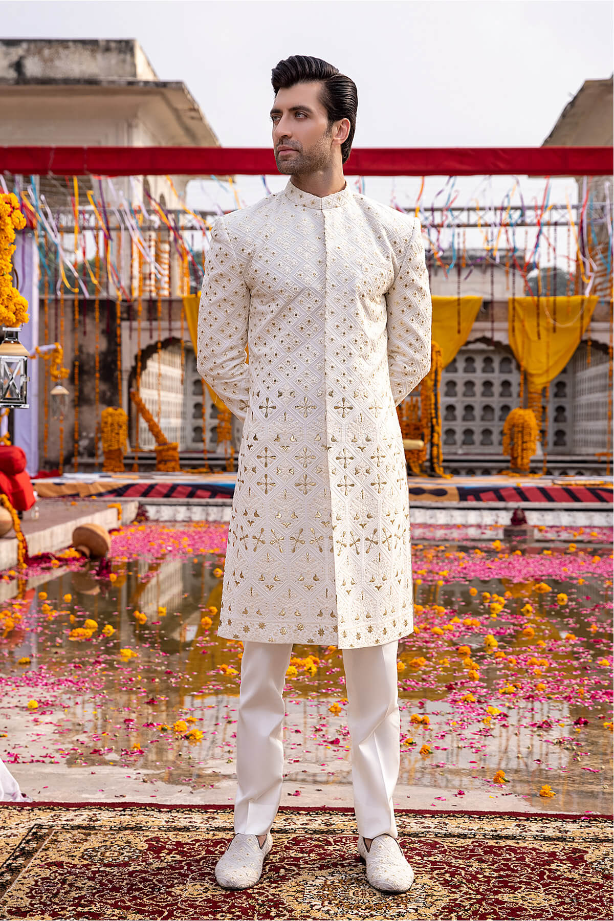 Ivory Embroidered Silk Groom Sherwani (2-Piece) - Image 1
