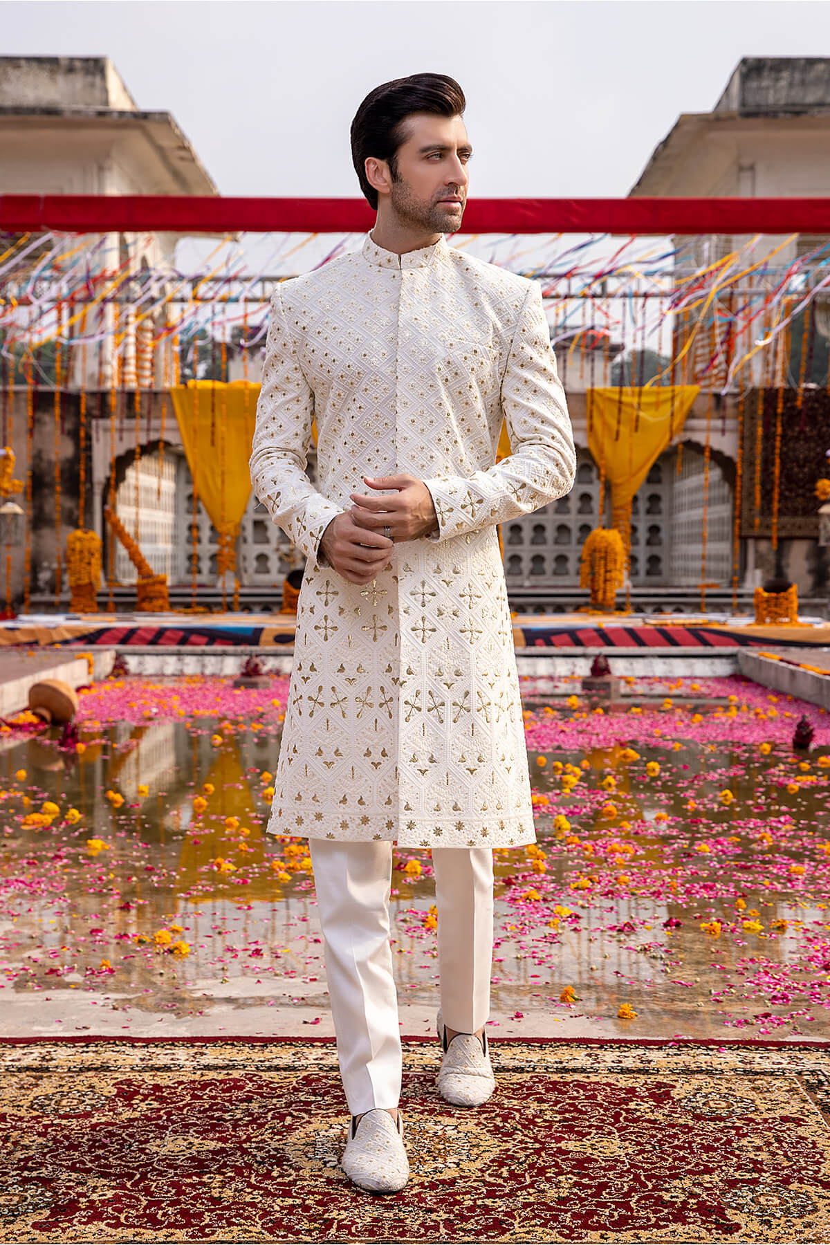 Ivory Embroidered Silk Groom Sherwani (2-Piece) - Image 2