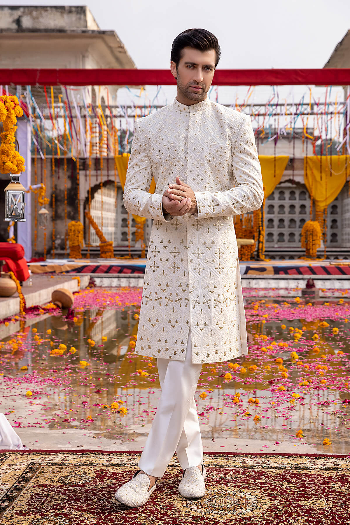 Ivory Embroidered Silk Groom Sherwani (2-Piece) - Image 3