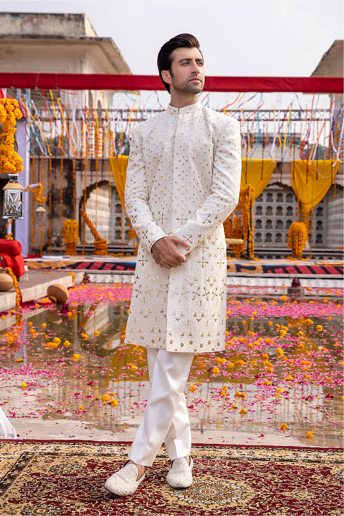 Ivory Embroidered Silk Groom Sherwani (2-Piece) - Image 4