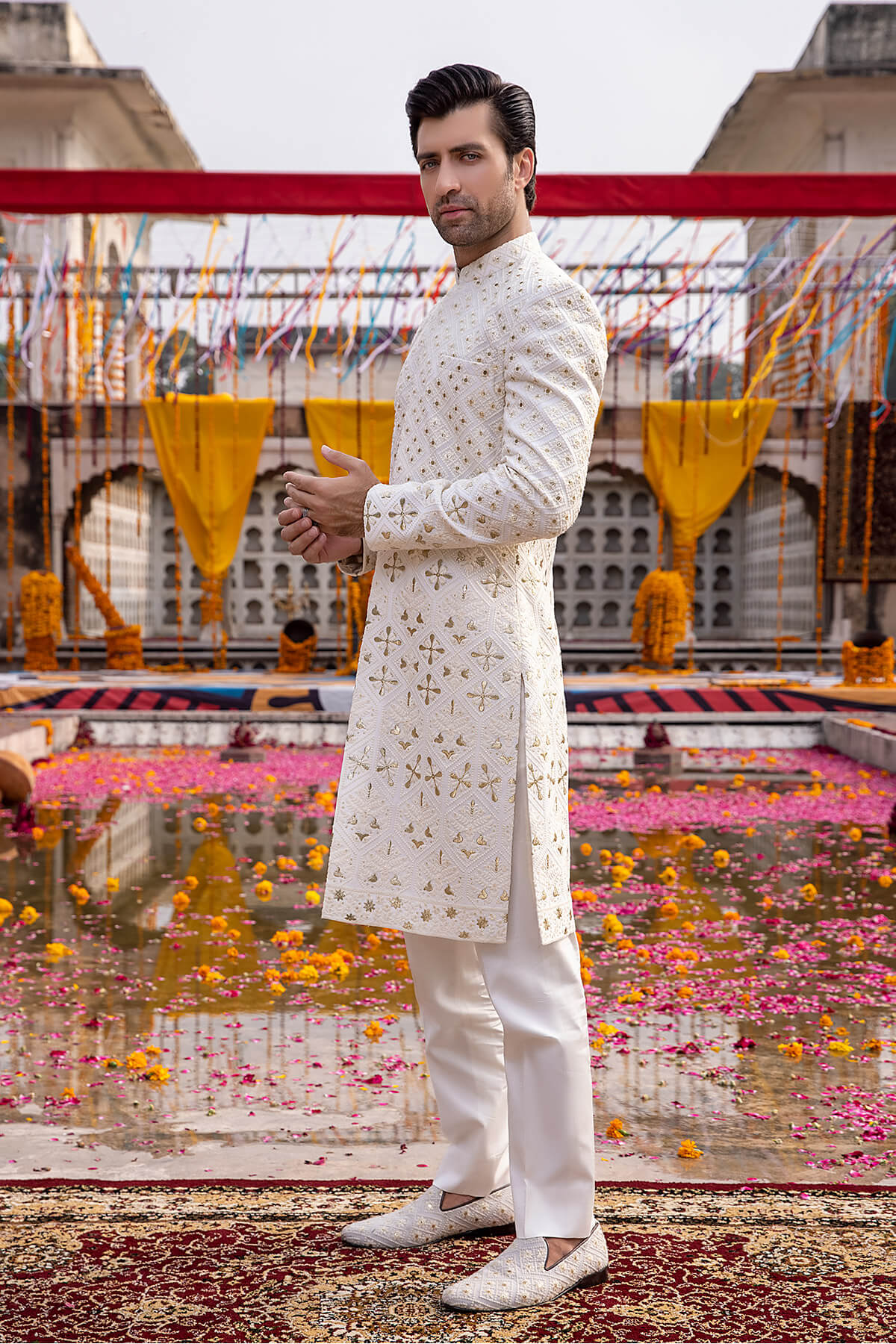 Ivory Embroidered Silk Groom Sherwani (2-Piece) - Image 5