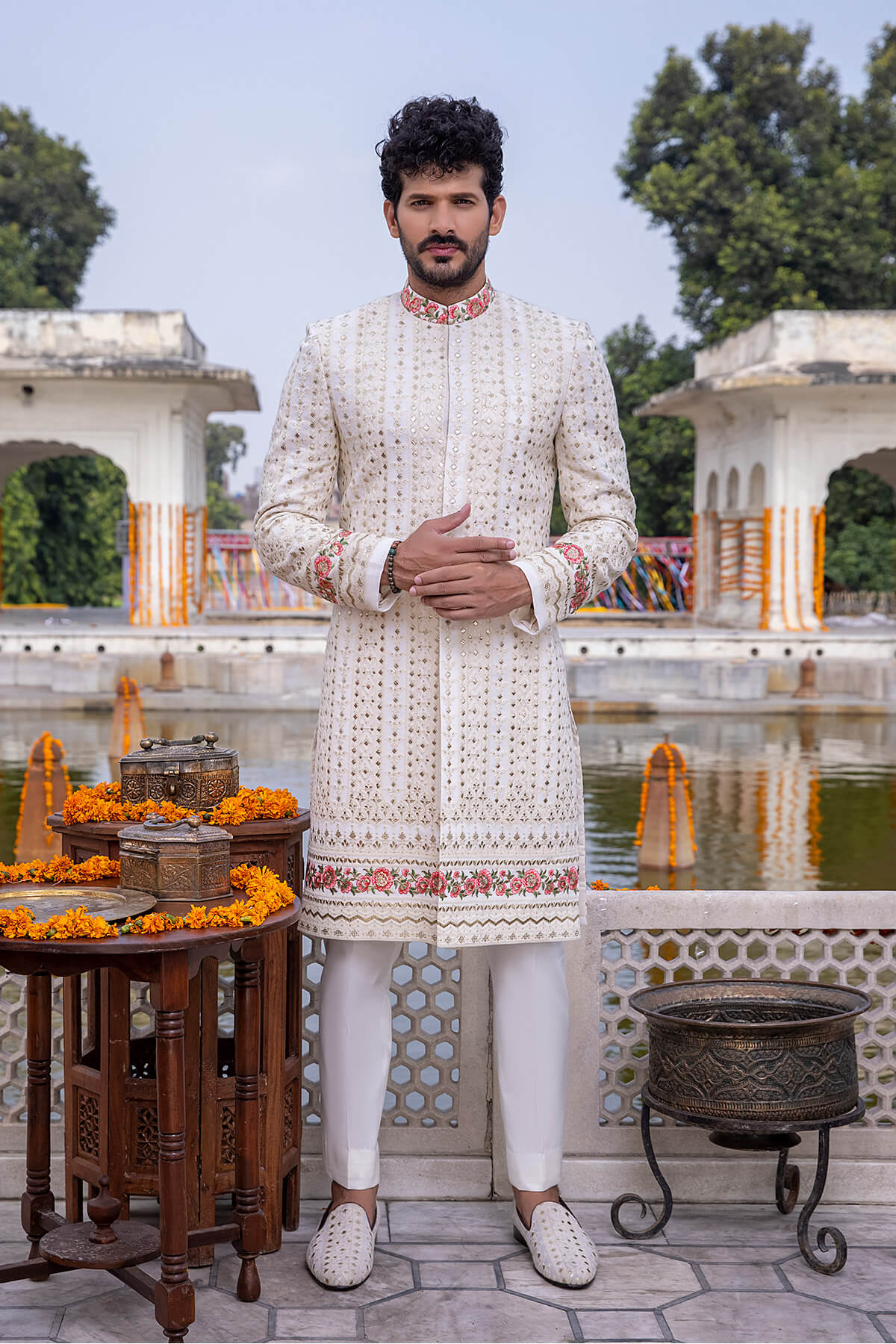 Ivory Tilla Resham Silk Sherwani (2-Piece) - Image 1