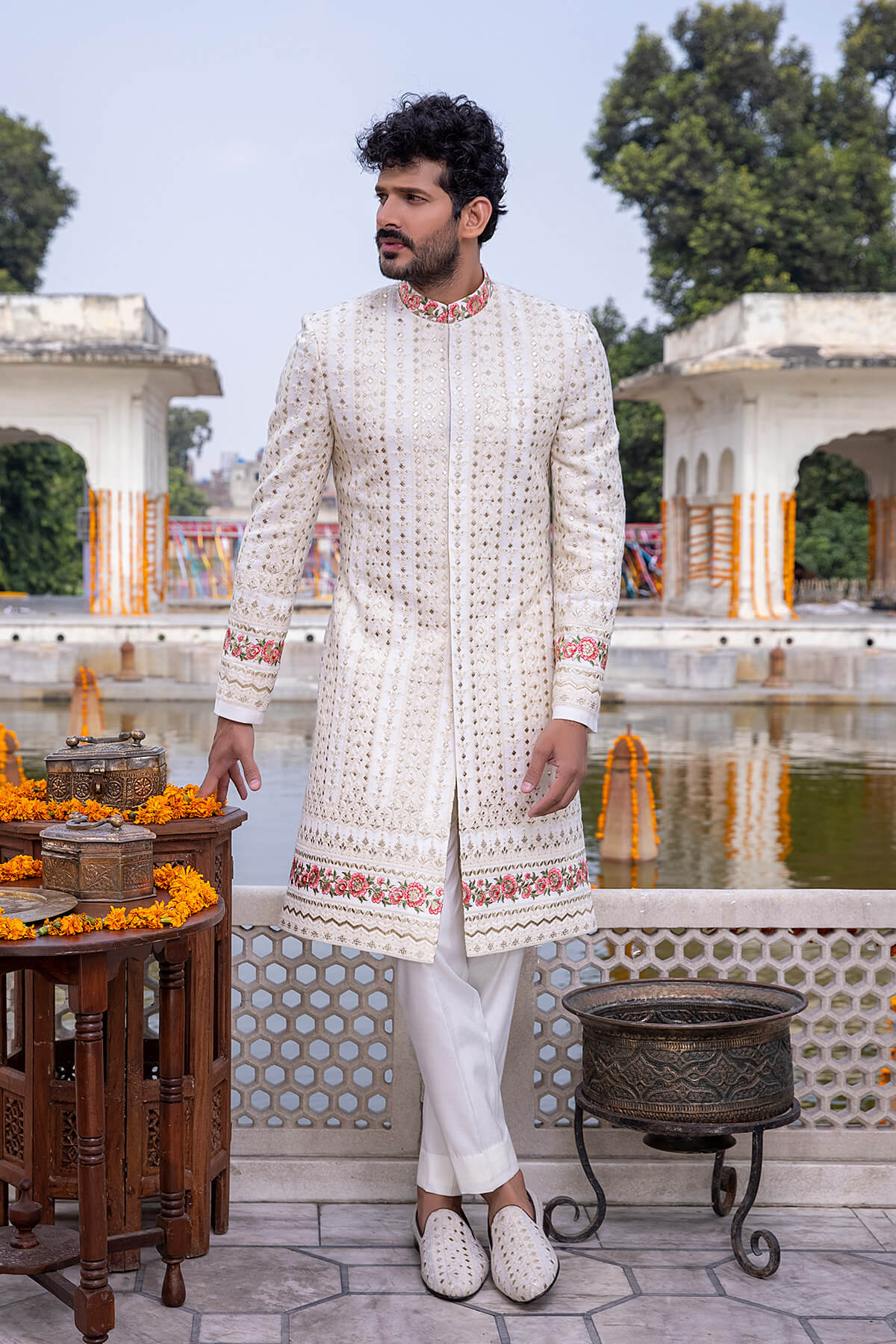 Ivory Tilla Resham Silk Sherwani (2-Piece) - Image 2