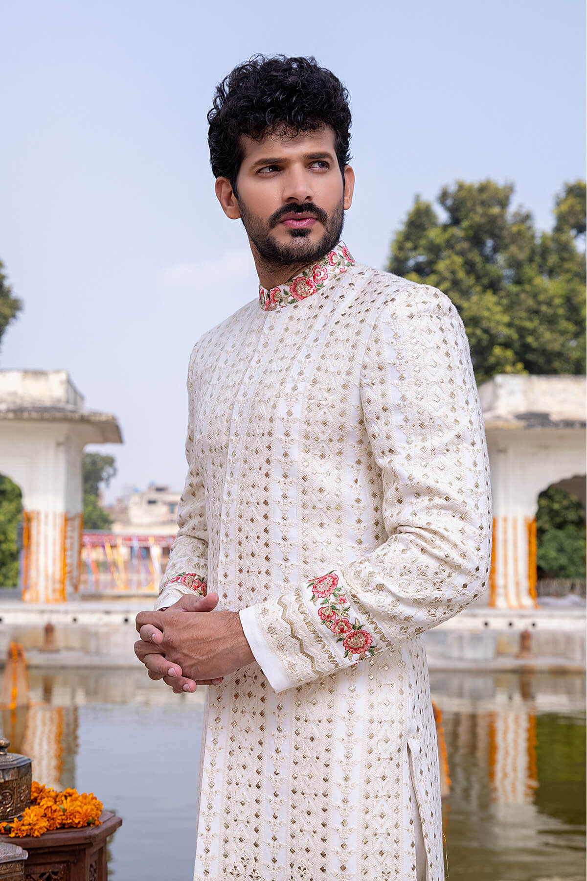 Ivory Tilla Resham Silk Sherwani (2-Piece) - Image 3