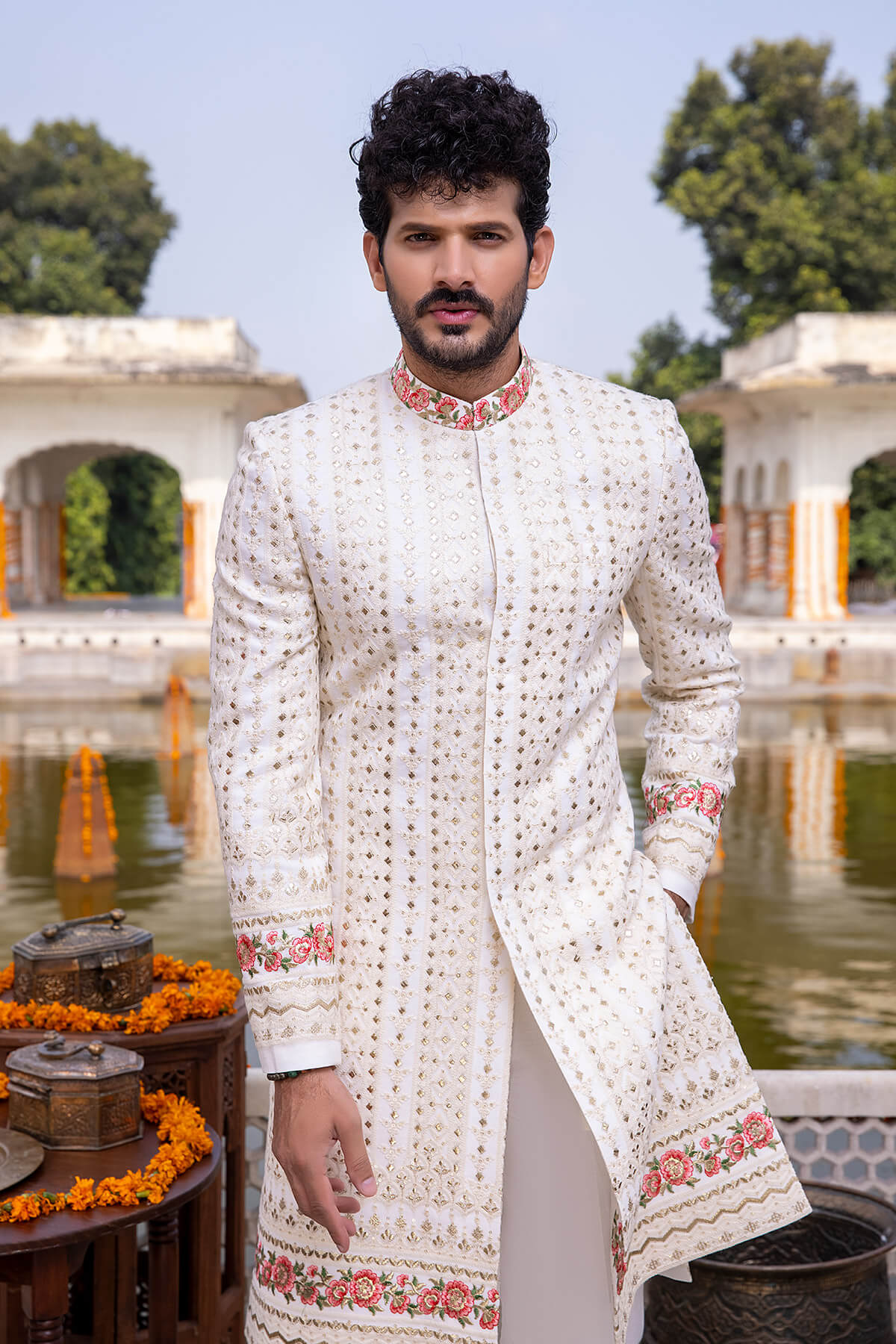 Ivory Tilla Resham Silk Sherwani (2-Piece) - Image 4