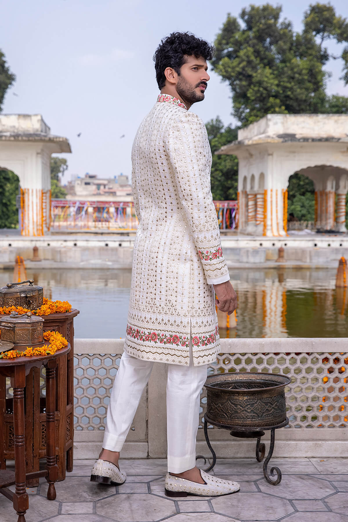 Ivory Tilla Resham Silk Sherwani (2-Piece) - Image 5