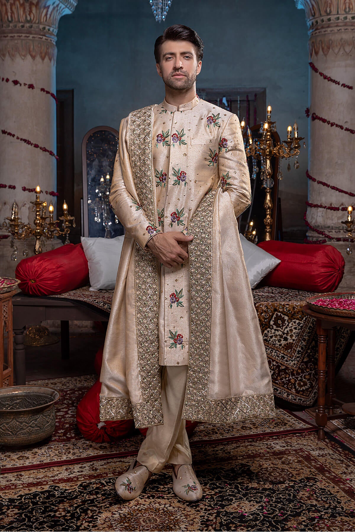 Ivory Tilla & Resham Silk-Tissue Sherwani (3-Piece) - Image 1