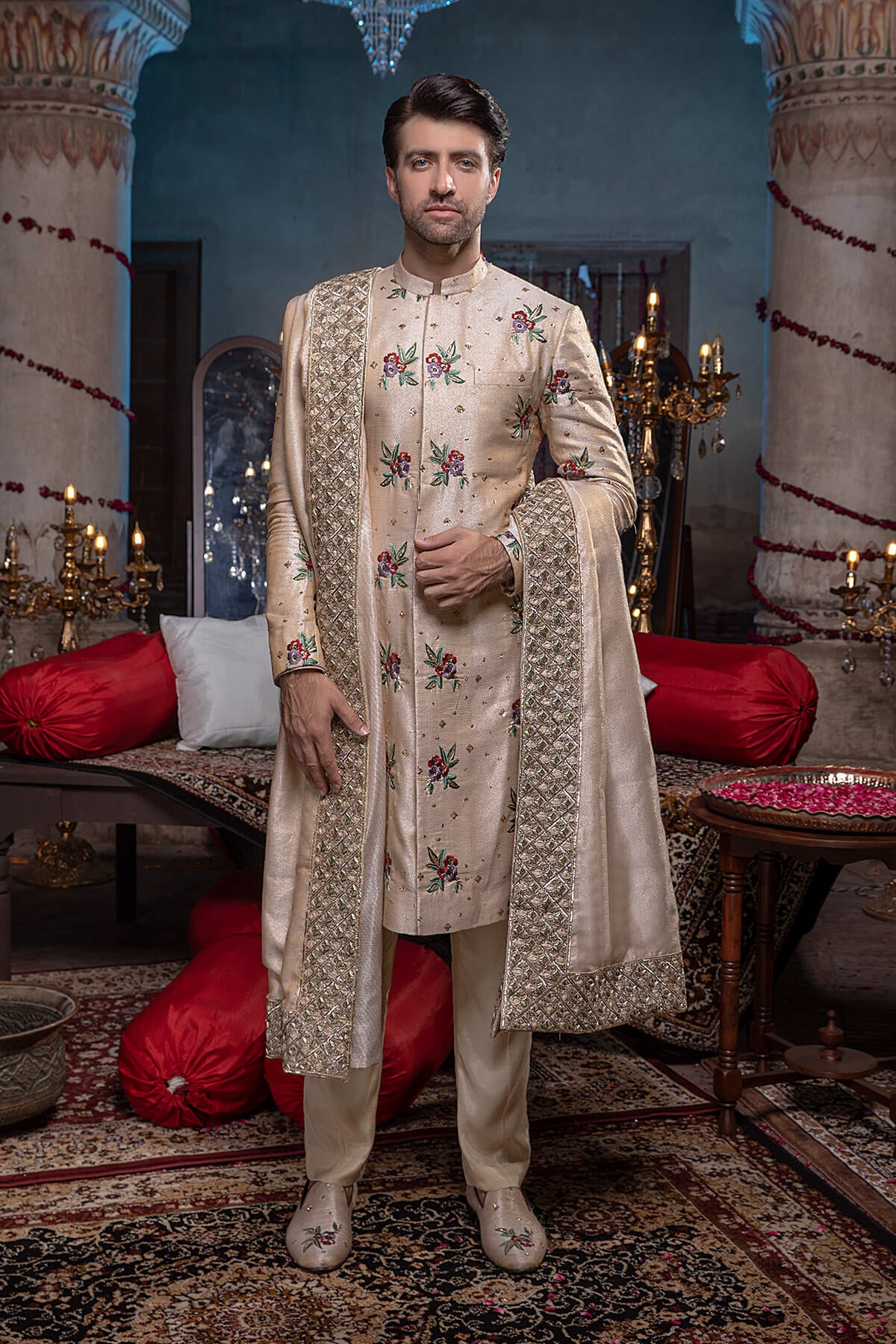 Ivory Tilla & Resham Silk-Tissue Sherwani (3-Piece) - Image 2