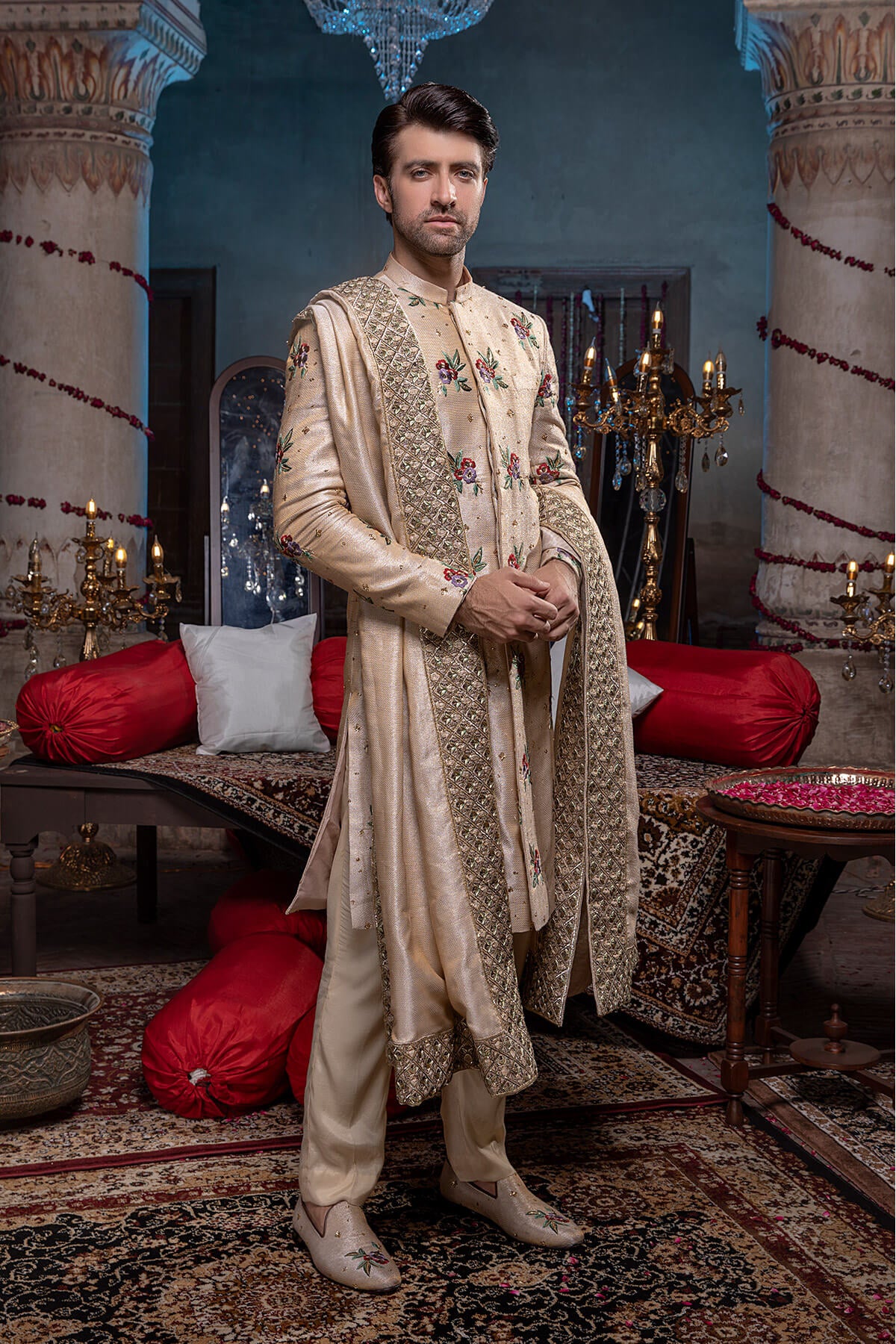 Ivory Tilla & Resham Silk-Tissue Sherwani (3-Piece) - Image 3