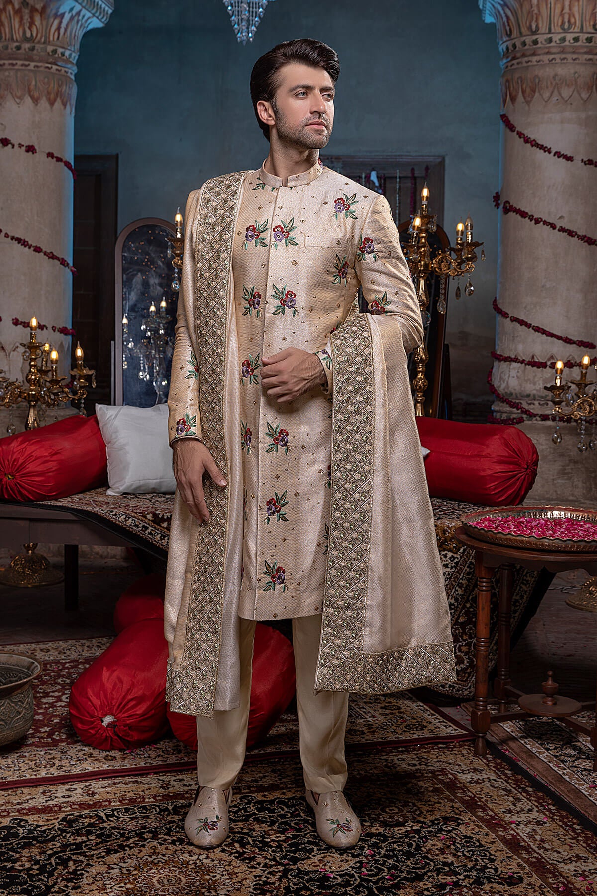 Ivory Tilla & Resham Silk-Tissue Sherwani (3-Piece) - Image 4