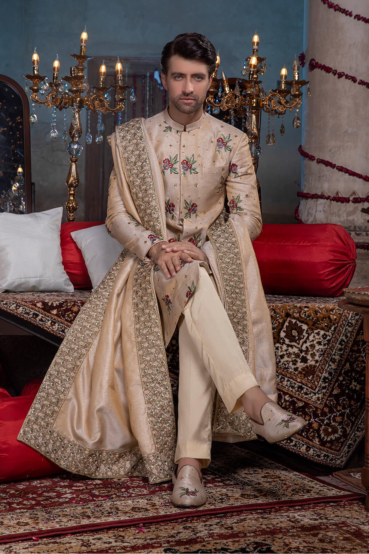 Ivory Tilla & Resham Silk-Tissue Sherwani (3-Piece) - Image 5