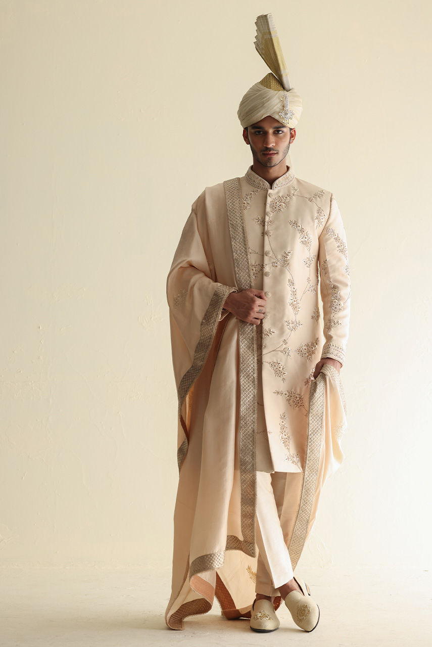 Ivory Hand-Embroidered Suiting Sherwani (3-Piece) - Image 1