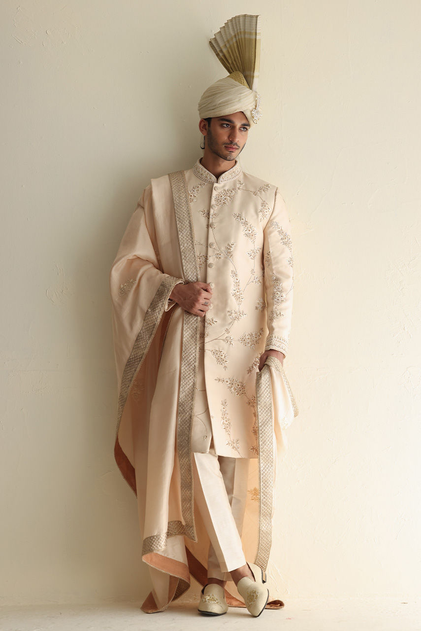 Ivory Hand-Embroidered Suiting Sherwani (3-Piece) - Image 2