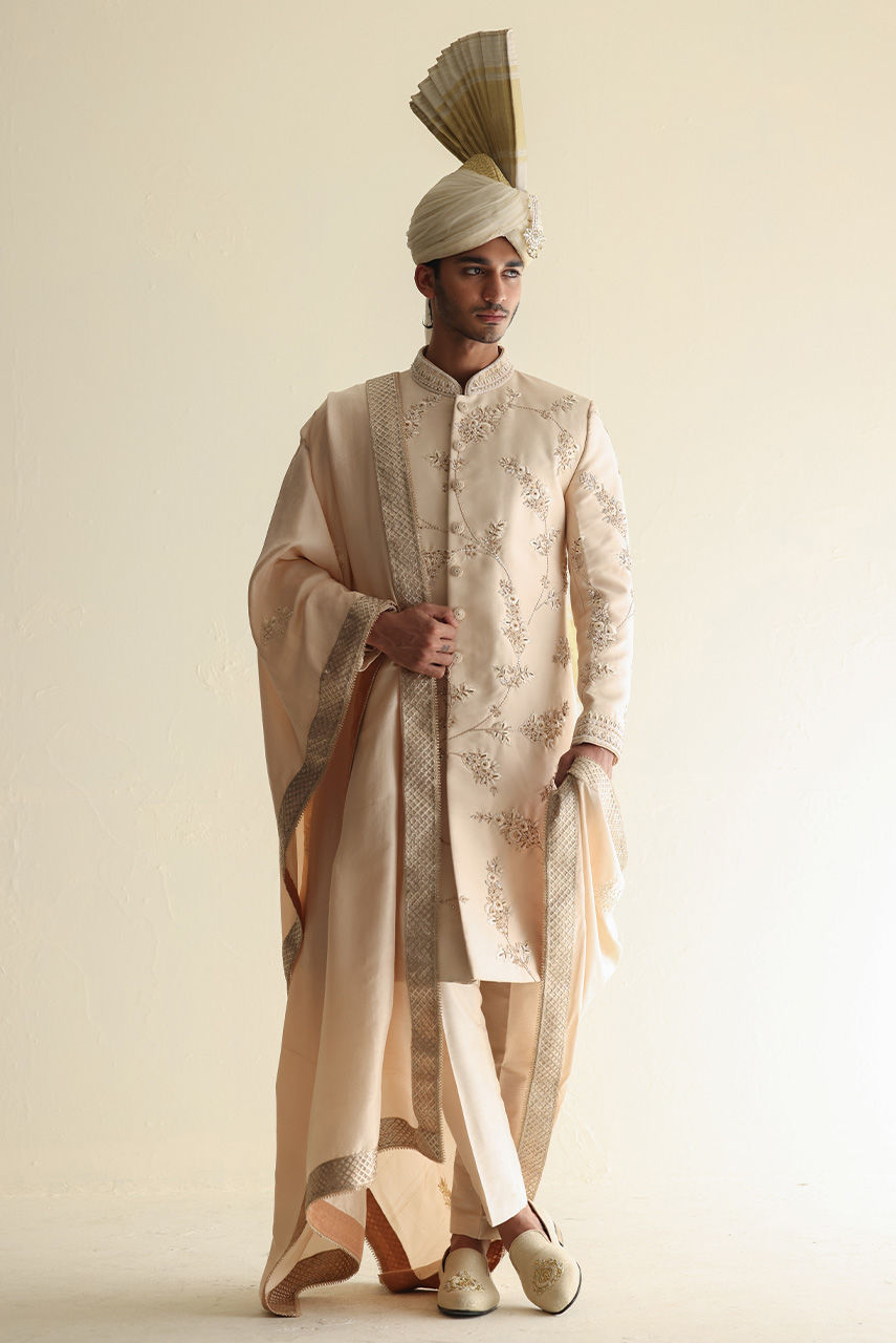 Ivory Hand-Embroidered Suiting Sherwani (3-Piece) - Image 3