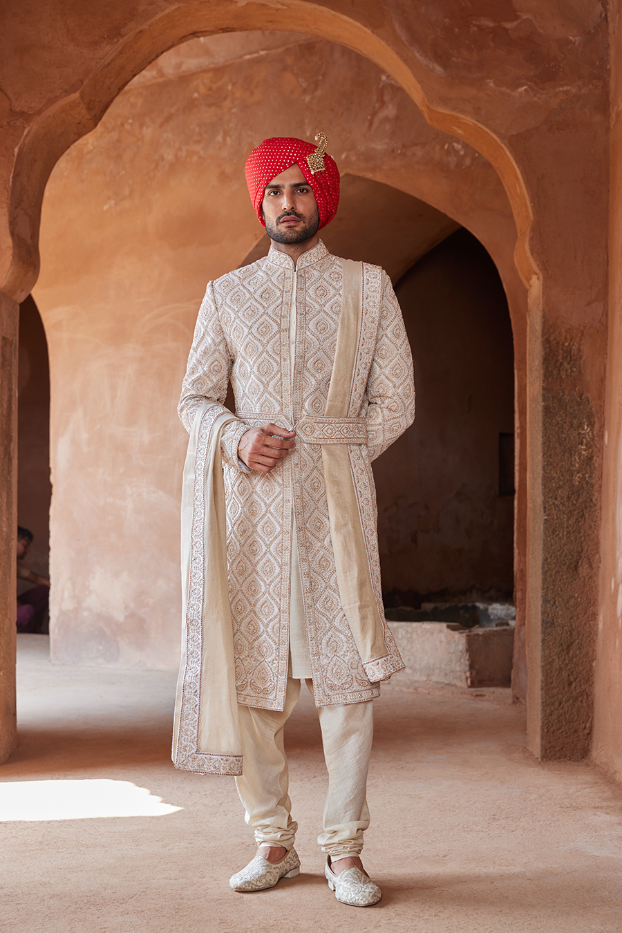 Ivory Embroidered Taffeta Silk Sherwani (3-Piece) - Image 1
