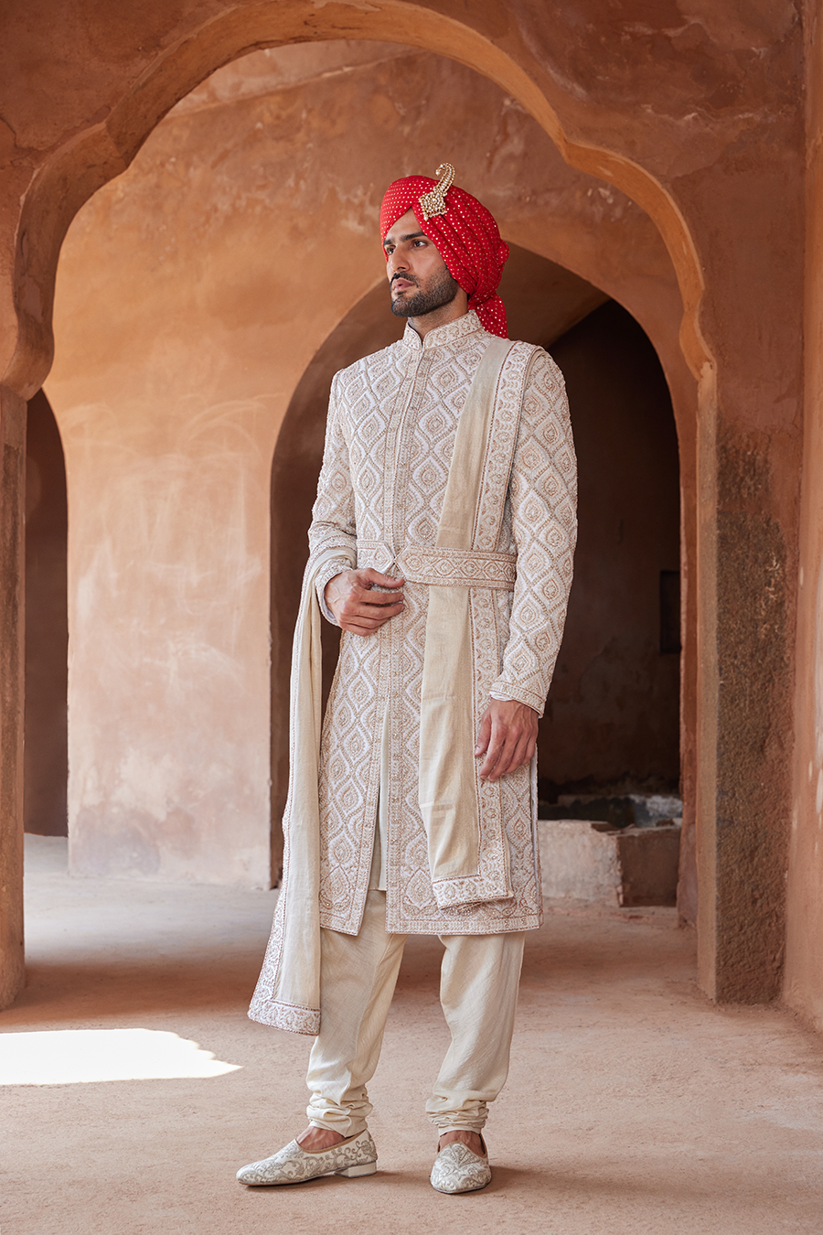 Ivory Embroidered Taffeta Silk Sherwani (3-Piece) - Image 3