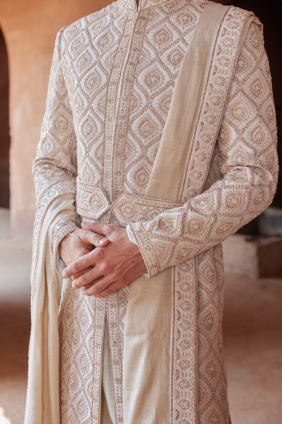Ivory Embroidered Taffeta Silk Sherwani (3-Piece) - Image 4